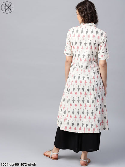 Off White Printed Half Sleeve Front Open Flex A-Line Kurta