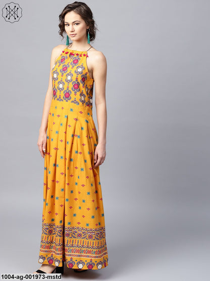 Mustard Printed Sleeveless Cotton Anarkali Kurta