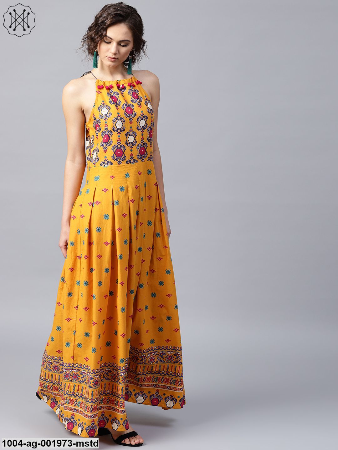Mustard Printed Sleeveless Cotton Anarkali Kurta