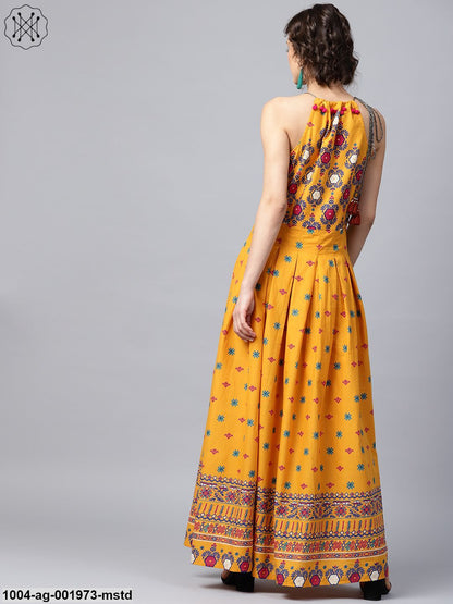 Mustard Printed Sleeveless Cotton Anarkali Kurta