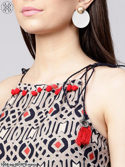 Navy Blue Printed Sleeveless Flex Anarkali Kurta