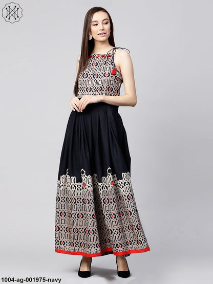 Navy Blue Printed Sleeveless Flex Anarkali Kurta