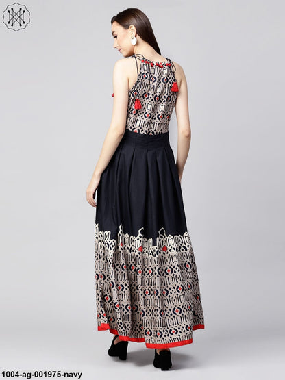 Navy Blue Printed Sleeveless Flex Anarkali Kurta