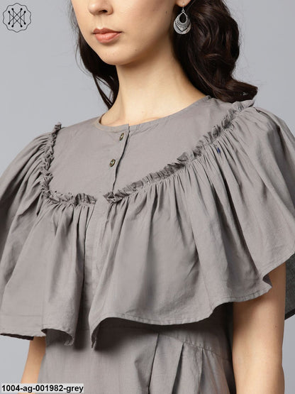 Dark Grey Block Printed Sleeveless Poncho Style Cotton A-Line Kurta
