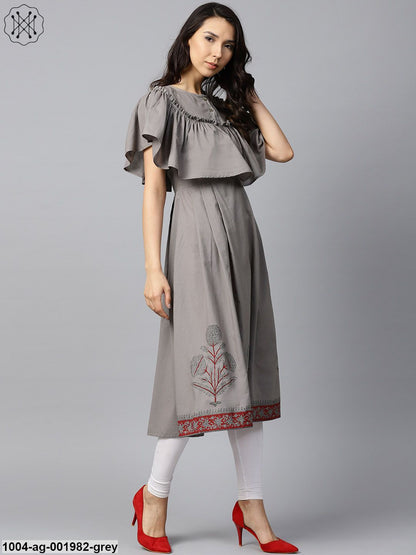 Dark Grey Block Printed Sleeveless Poncho Style Cotton A-Line Kurta