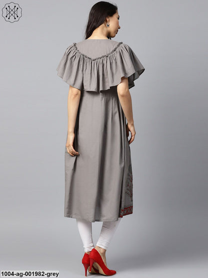Dark Grey Block Printed Sleeveless Poncho Style Cotton A-Line Kurta