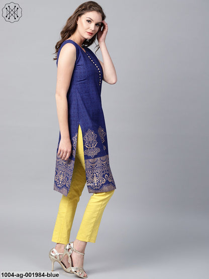 Blue Printed Sleeveless Cotton Kurta