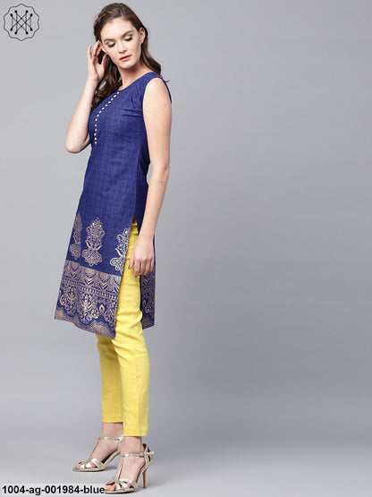Blue Printed Sleeveless Cotton Kurta