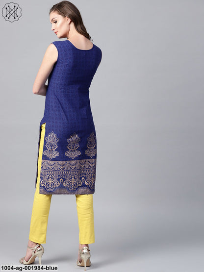 Blue Printed Sleeveless Cotton Kurta
