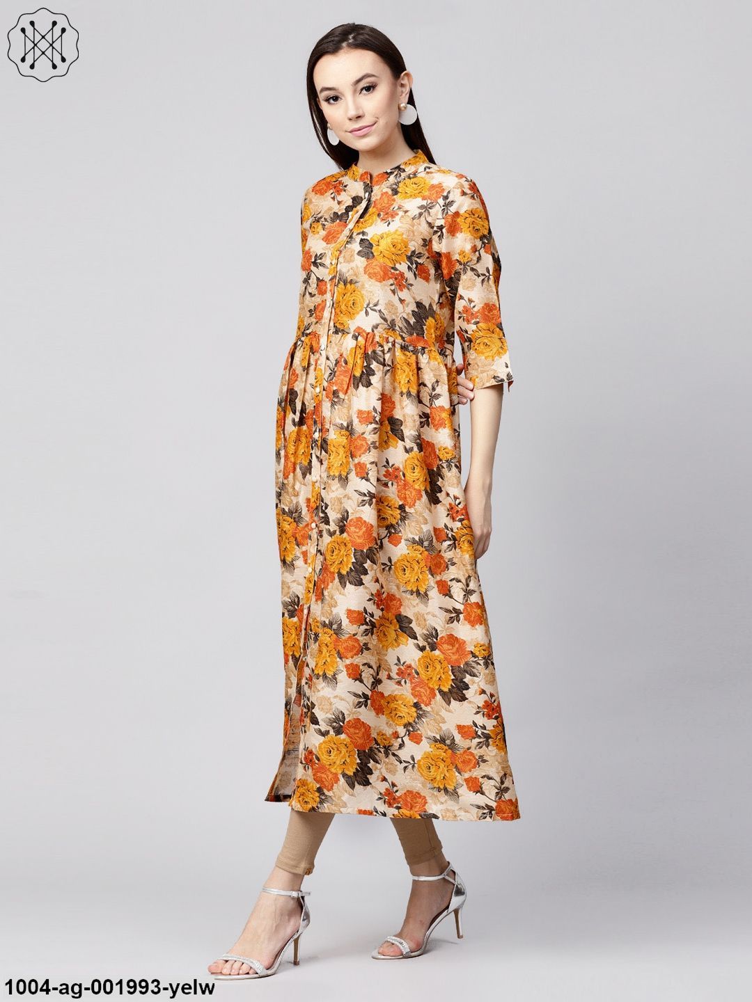 Yellow Flower Printed 3/4Th Sleeve Anarkali Kurta