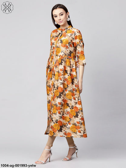 Yellow Flower Printed 3/4Th Sleeve Anarkali Kurta