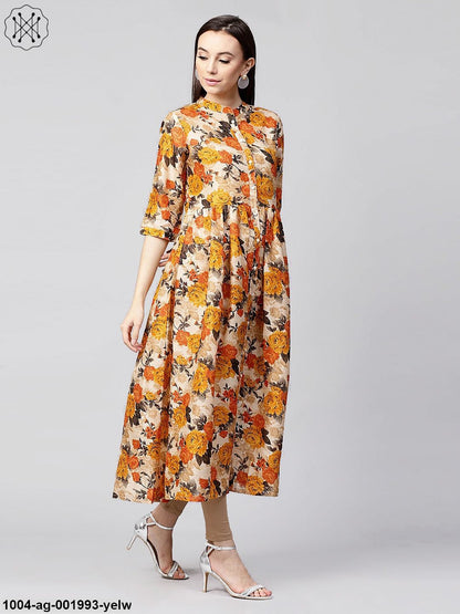 Yellow Flower Printed 3/4Th Sleeve Anarkali Kurta