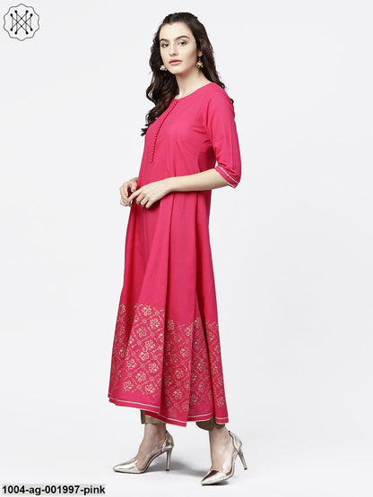 Solid Short Round Neck With 3/4Th Sleeves Gold Hand- Block Printed Anarkali Kurta