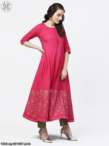 Solid Short Round Neck With 3/4Th Sleeves Gold Hand- Block Printed Anarkali Kurta