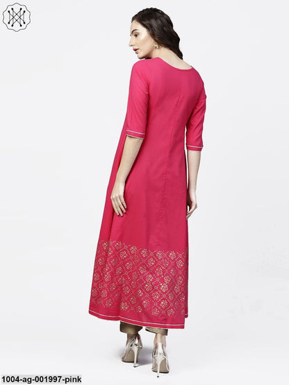 Solid Short Round Neck With 3/4Th Sleeves Gold Hand- Block Printed Anarkali Kurta