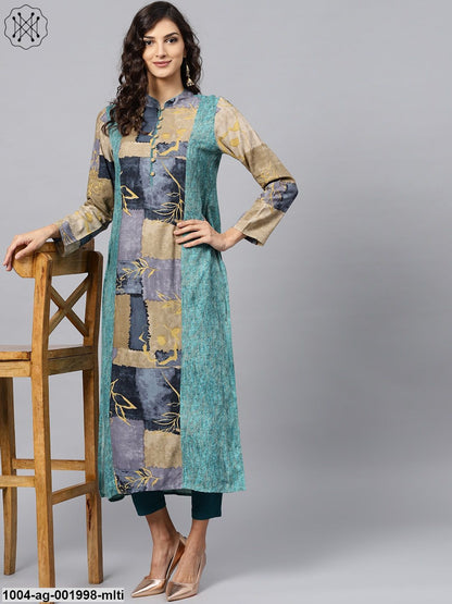 Multi Coloured Front Placket Kurta With Mandarin Collar And Full Sleeves