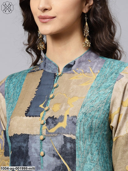 Multi Coloured Front Placket Kurta With Mandarin Collar And Full Sleeves