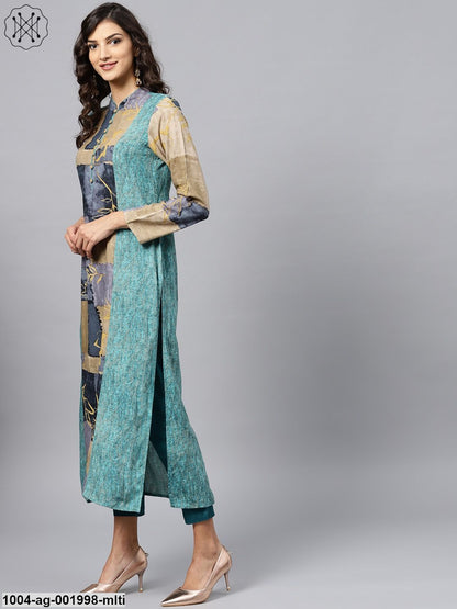 Multi Coloured Front Placket Kurta With Mandarin Collar And Full Sleeves