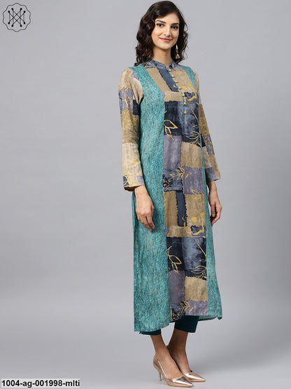 Multi Coloured Front Placket Kurta With Mandarin Collar And Full Sleeves