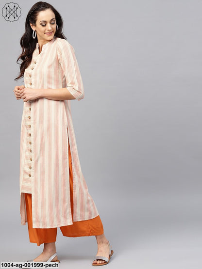 Peach And White Striped Kurta With Mandarin Collar And 3/4 Sleeves