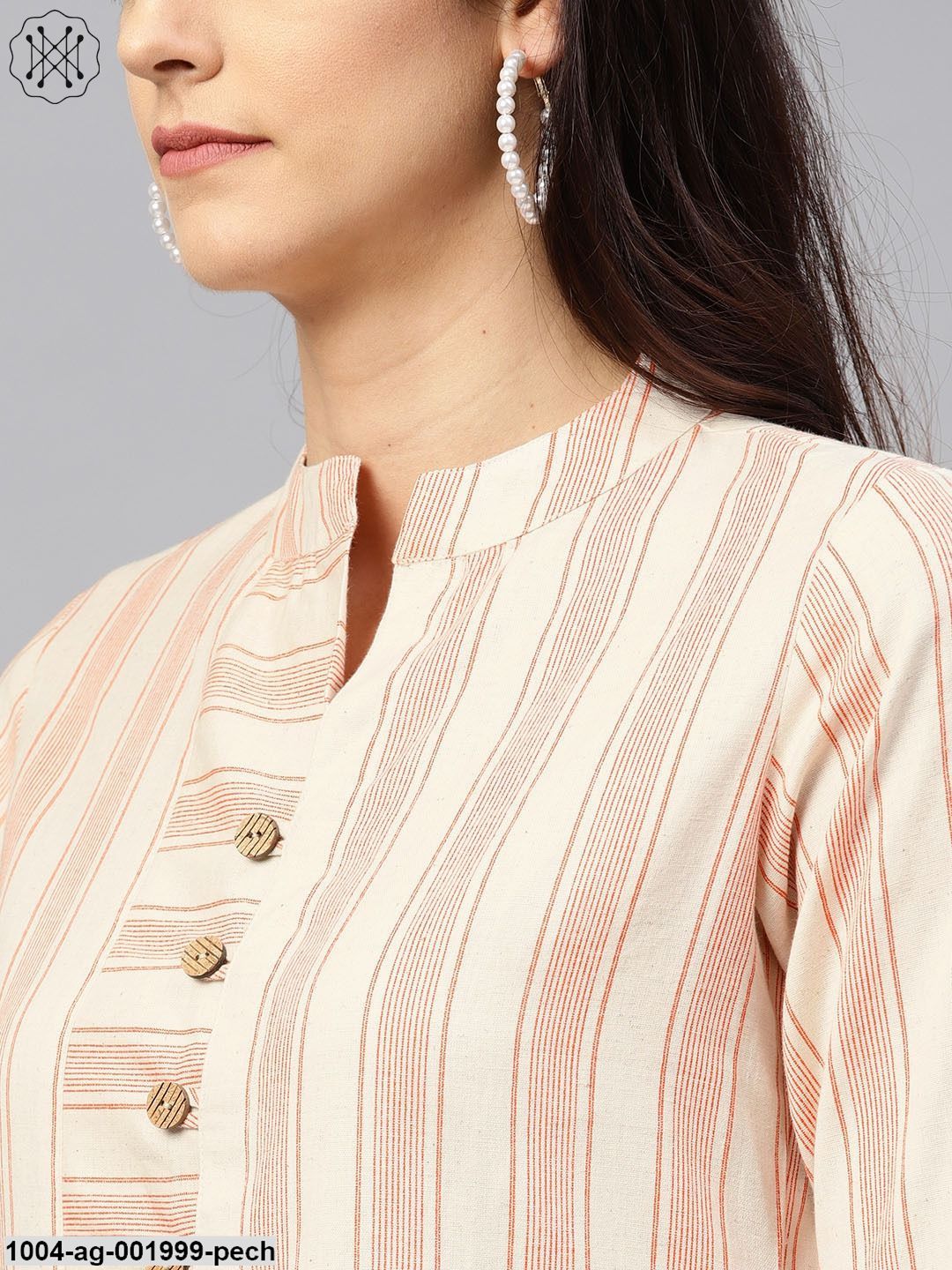 Peach And White Striped Kurta With Mandarin Collar And 3/4 Sleeves