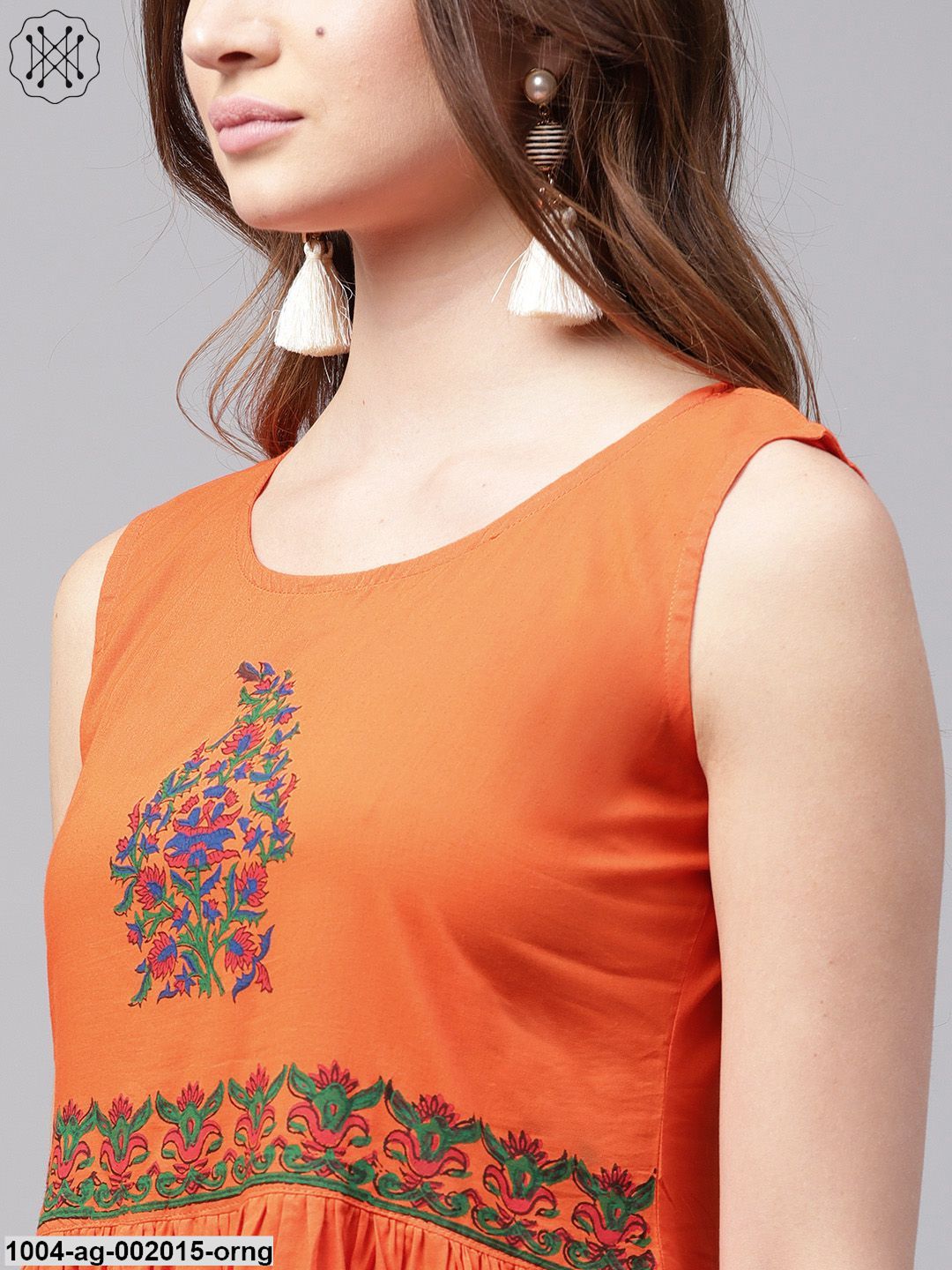 Orange Sleeveless Cotton Anarkali Kurta With Block Printed In Yoke And Border