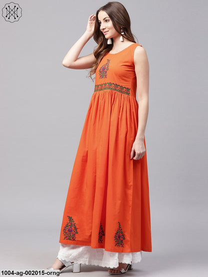 Orange Sleeveless Cotton Anarkali Kurta With Block Printed In Yoke And Border