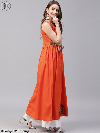 Orange Sleeveless Cotton Anarkali Kurta With Block Printed In Yoke And Border