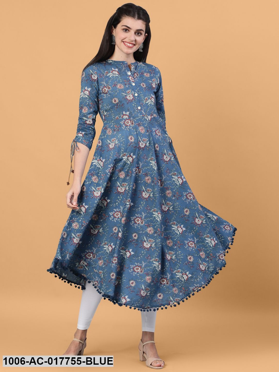 Printed Flared Calf Length 3/4 Sleeve Collor Neck Cotton Dress