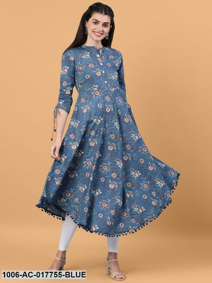Printed Flared Calf Length 3/4 Sleeve Collor Neck Cotton Dress