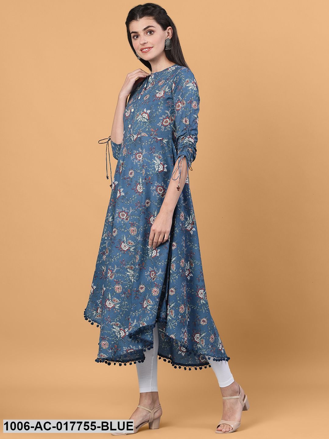 Printed Flared Calf Length 3/4 Sleeve Collor Neck Cotton Dress