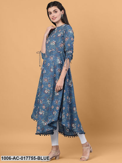 Printed Flared Calf Length 3/4 Sleeve Collor Neck Cotton Dress