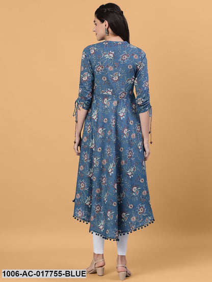 Printed Flared Calf Length 3/4 Sleeve Collor Neck Cotton Dress