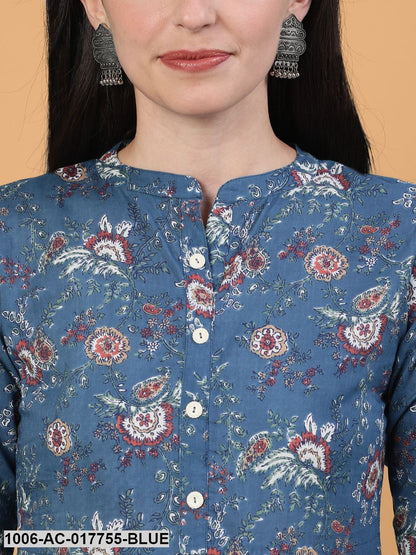 Printed Flared Calf Length 3/4 Sleeve Collor Neck Cotton Dress