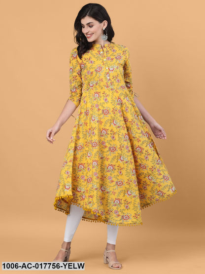Printed Flared Calf Length 3/4 Sleeve Collor Neck Cotton Dress