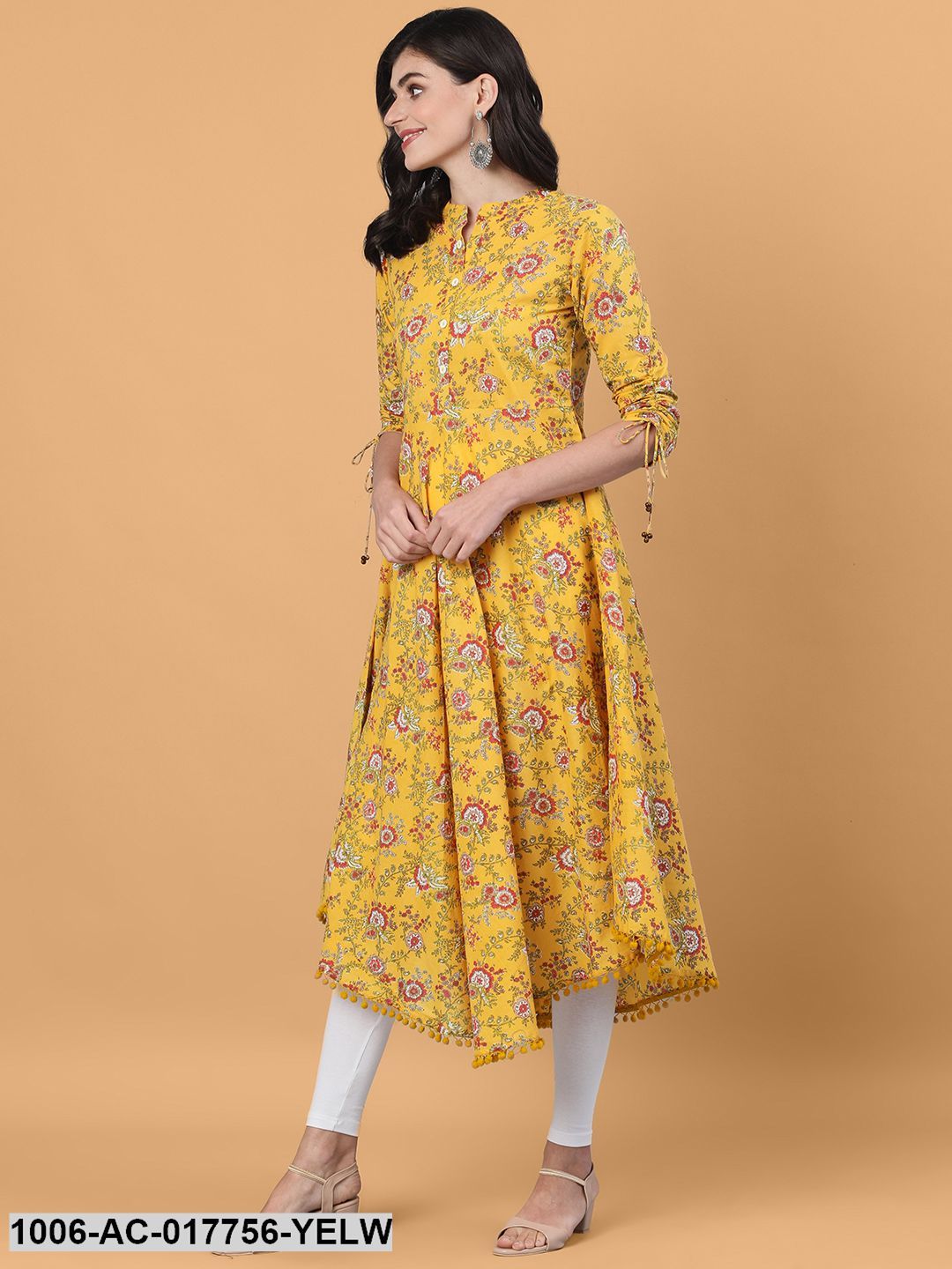 Printed Flared Calf Length 3/4 Sleeve Collor Neck Cotton Dress