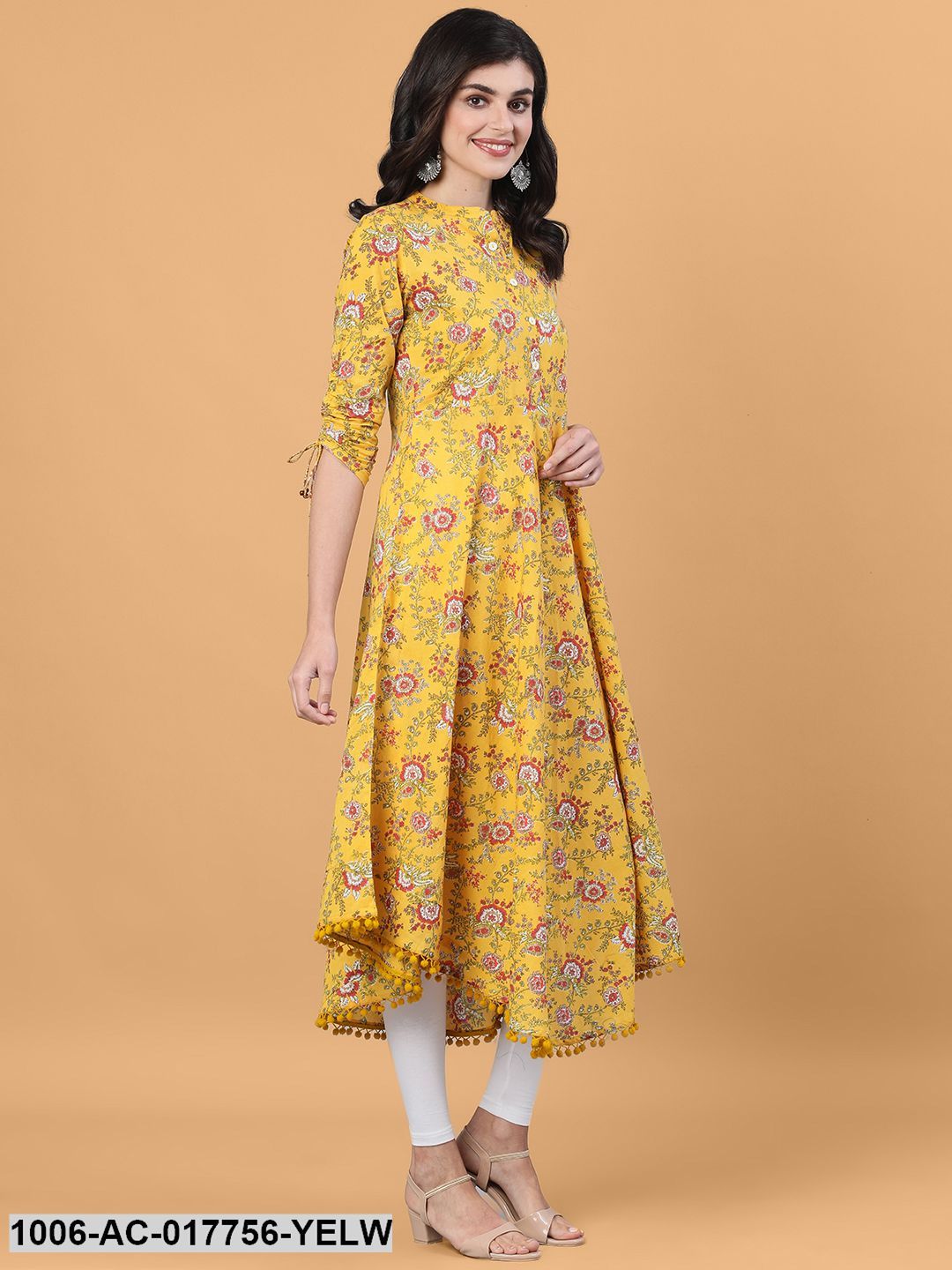 Printed Flared Calf Length 3/4 Sleeve Collor Neck Cotton Dress