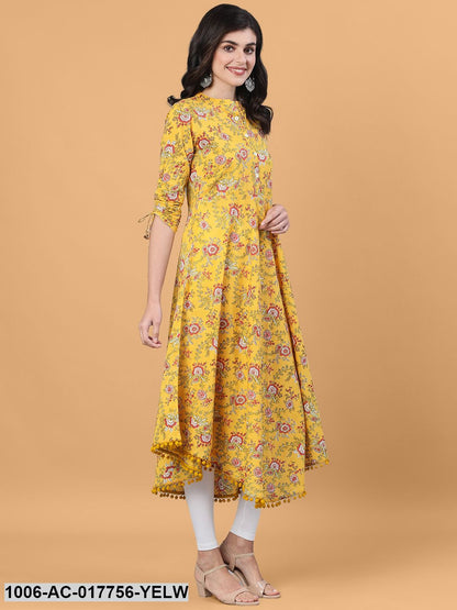 Printed Flared Calf Length 3/4 Sleeve Collor Neck Cotton Dress