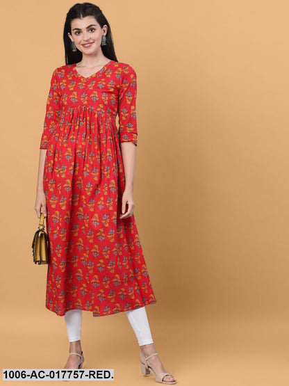 Printed Flared Calf Length 3/4 Sleeve Round Neck Cotton Dress