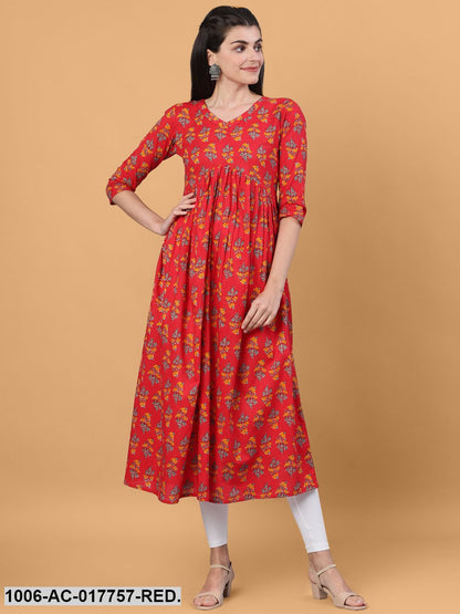 Printed Flared Calf Length 3/4 Sleeve Round Neck Cotton Dress