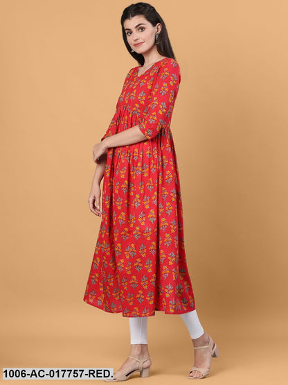 Printed Flared Calf Length 3/4 Sleeve Round Neck Cotton Dress