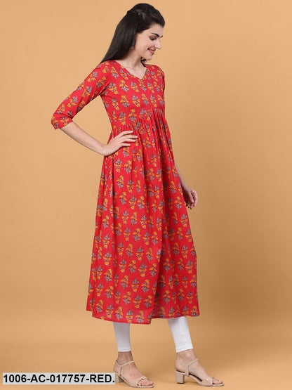 Printed Flared Calf Length 3/4 Sleeve Round Neck Cotton Dress