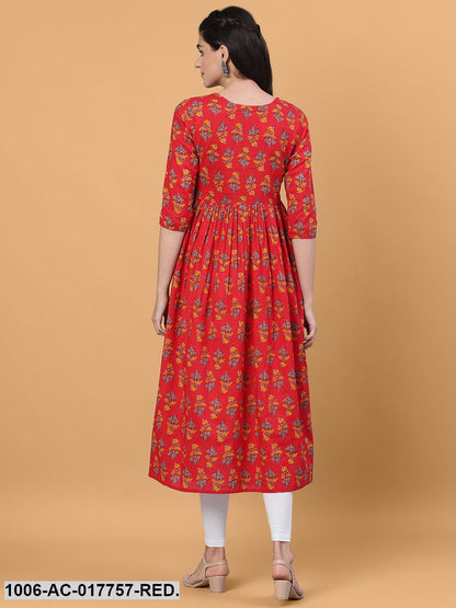 Printed Flared Calf Length 3/4 Sleeve Round Neck Cotton Dress