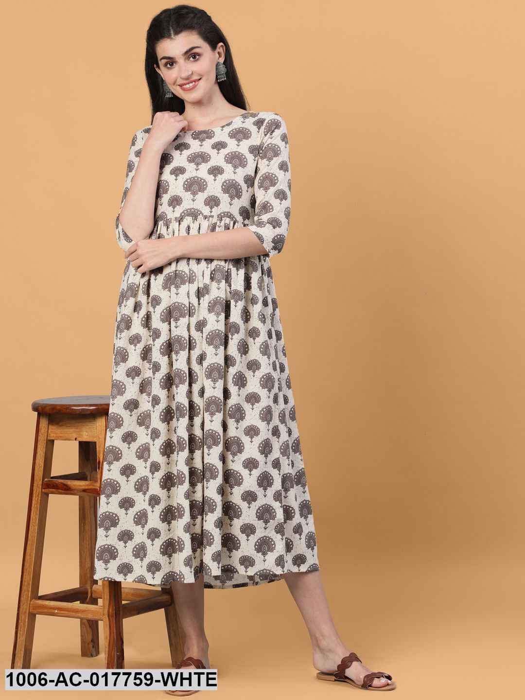 Printed Flared Calf Length 3/4 Sleeve Round Neck Cotton Dress