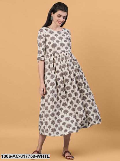 Printed Flared Calf Length 3/4 Sleeve Round Neck Cotton Dress