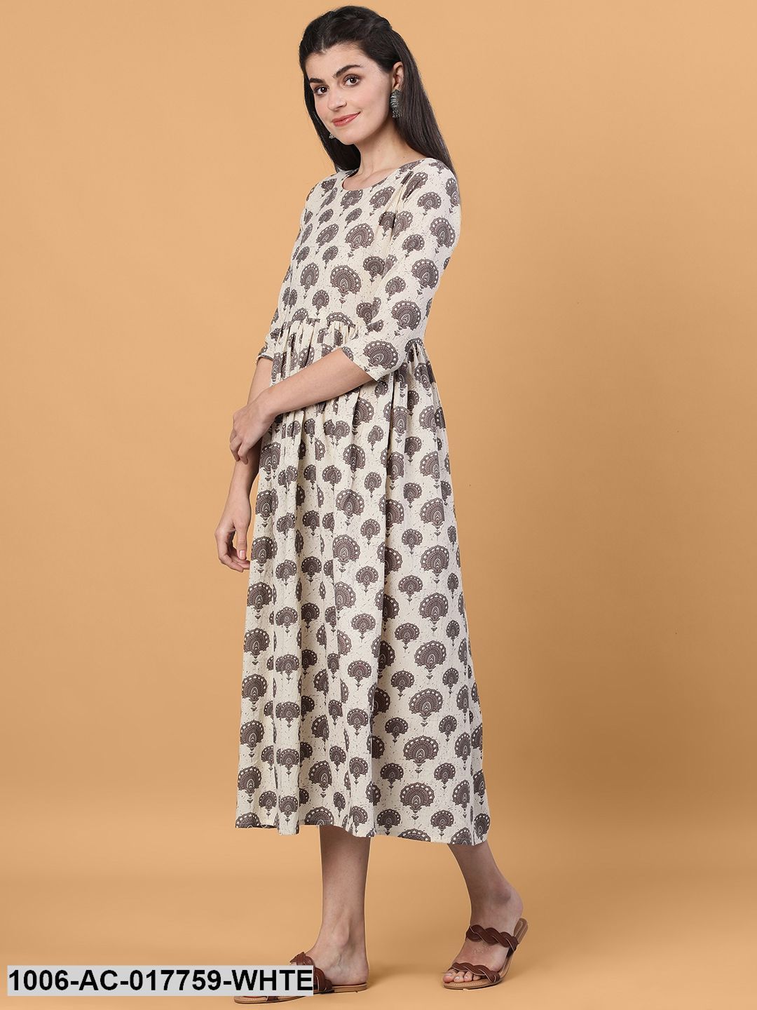 Printed Flared Calf Length 3/4 Sleeve Round Neck Cotton Dress