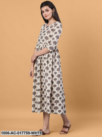 Printed Flared Calf Length 3/4 Sleeve Round Neck Cotton Dress