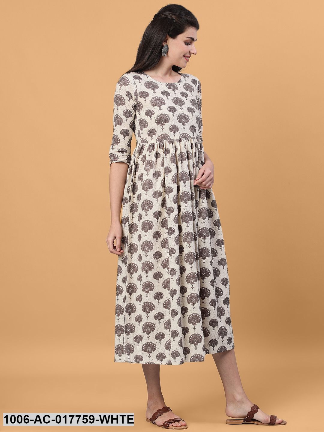 Printed Flared Calf Length 3/4 Sleeve Round Neck Cotton Dress