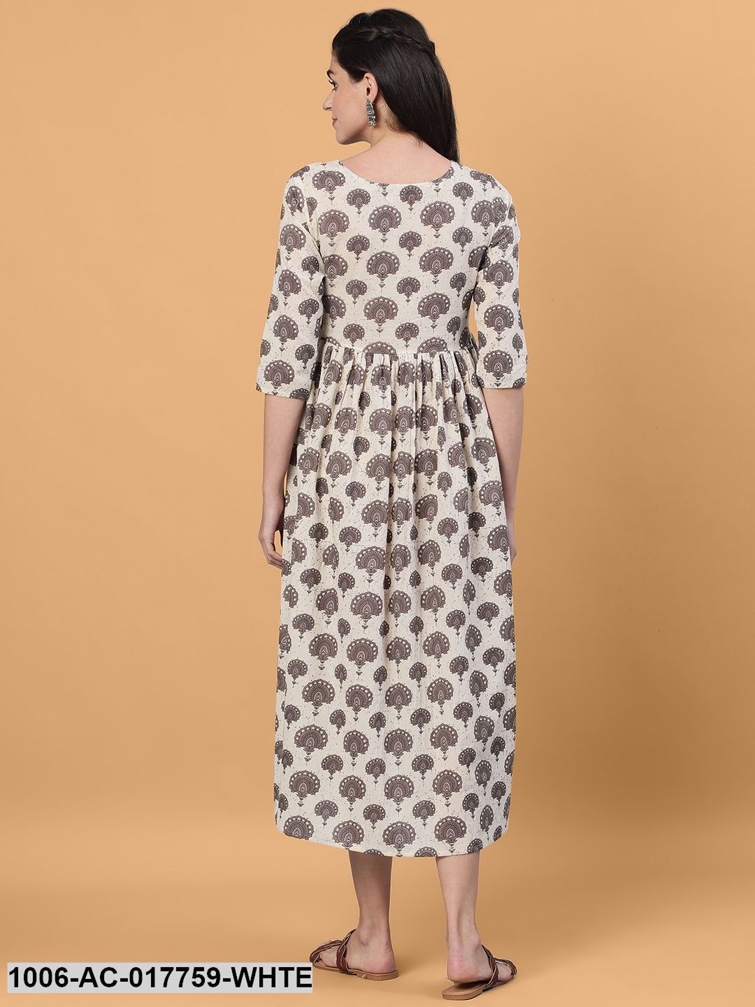 Printed Flared Calf Length 3/4 Sleeve Round Neck Cotton Dress