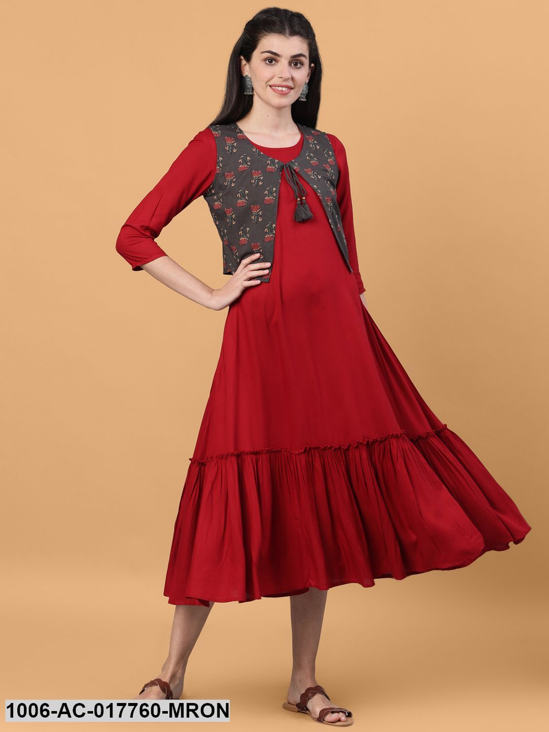 Printed Flared Calf Length 3/4 Sleeve Round Neck Rayon Dress